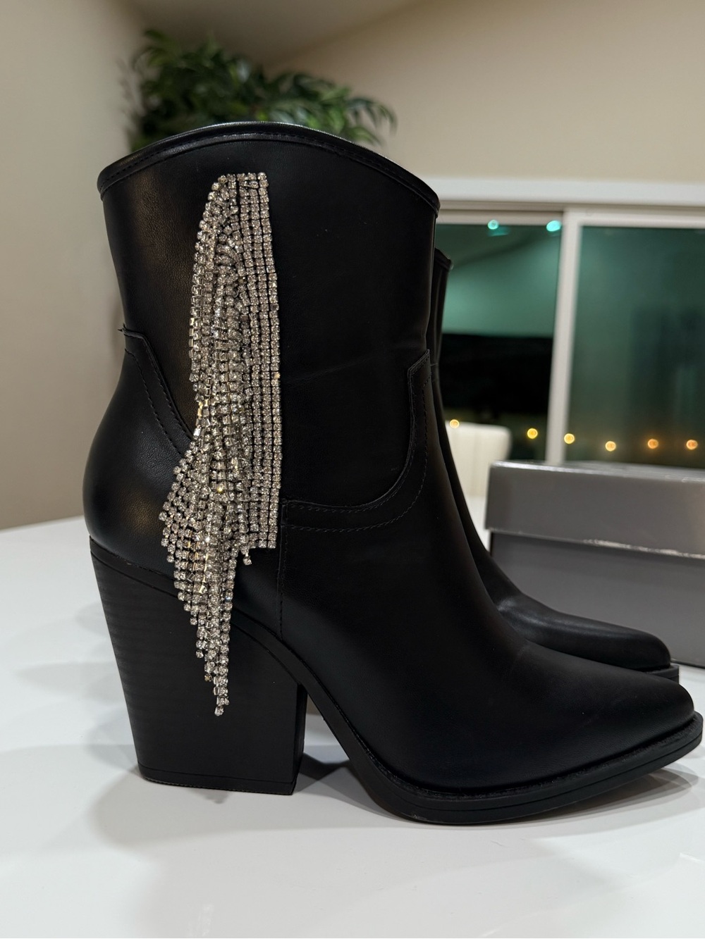 Black Rhinestone Fringe Ankle Boots